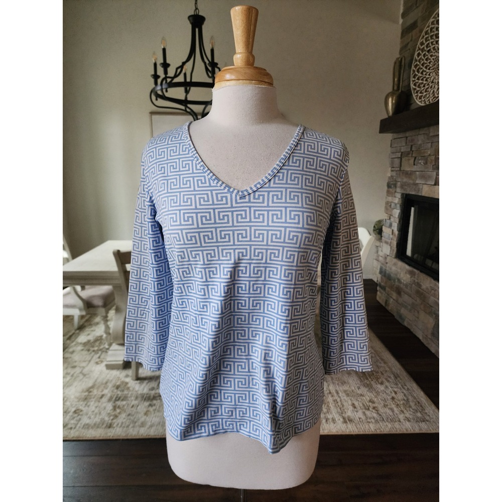 J.McLaughlin Blue White Greek Key Catalina Cloth V-Neck 3/4 Sleeve Top Large